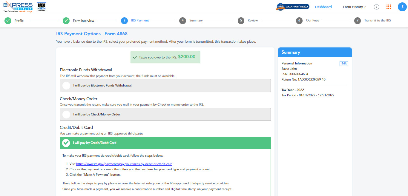 Select Tax Payment Mode