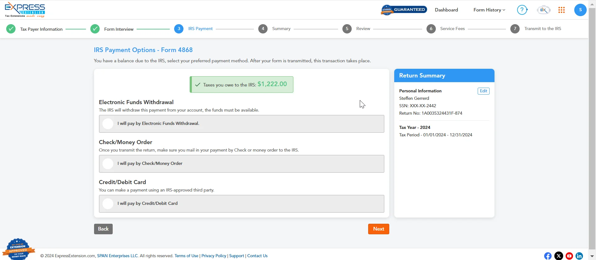 Select Tax Payment Mode