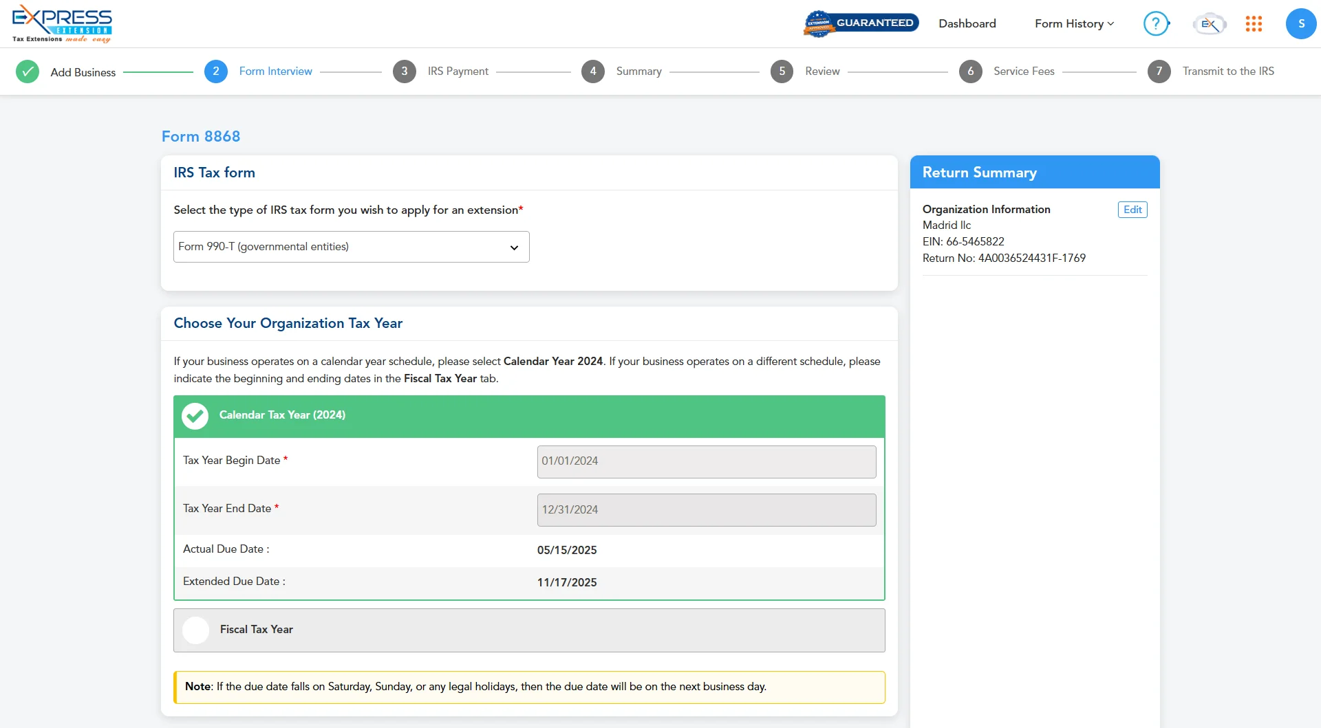 Choose the Organization's Tax Year